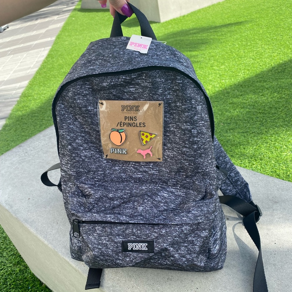 PINK Grey Mini Nylon Zippered Backpack w Collectible Enamel Logo Emoji Pins NWT - Picture 3 of 16